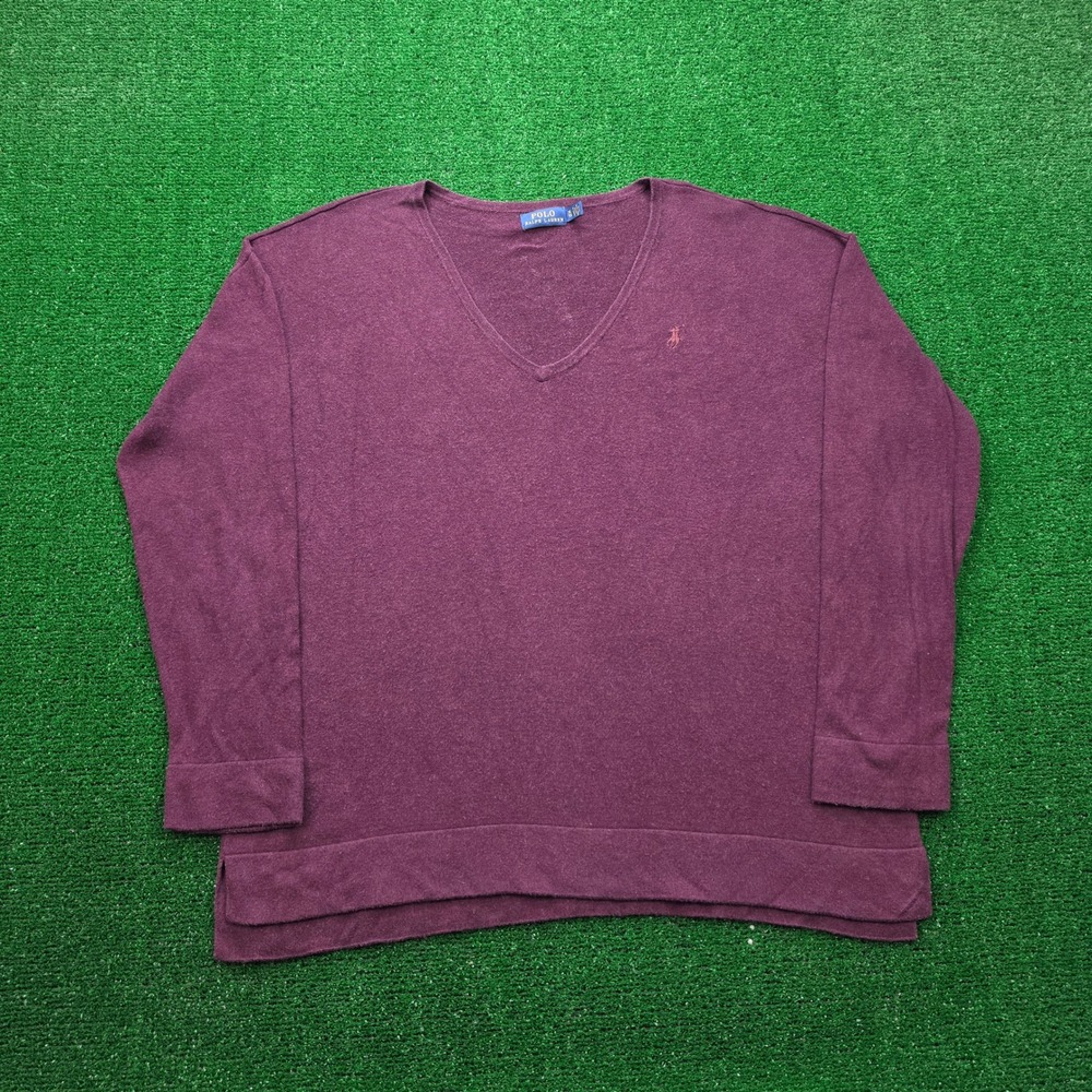Polo Ralph Lauren V-Neck Knit Sweater Womens XL Burgundy Wine Cotton Viscose